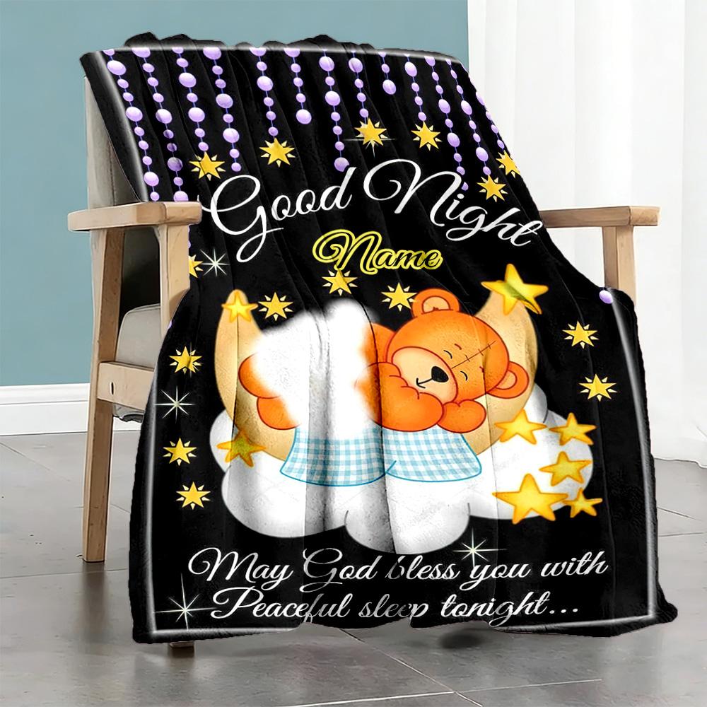 Goodnight Bear Personalized Text Blanket Lightweight Customizable Blanket Ultra-Soft Versatile for Bed Bedding Living Room Chair Four Seasons Universa