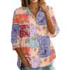 Women's Button Front Patchwork Floral Print Shirt Three Quarter Sleeve Loose Fit Blouse with Collar and V Neckline