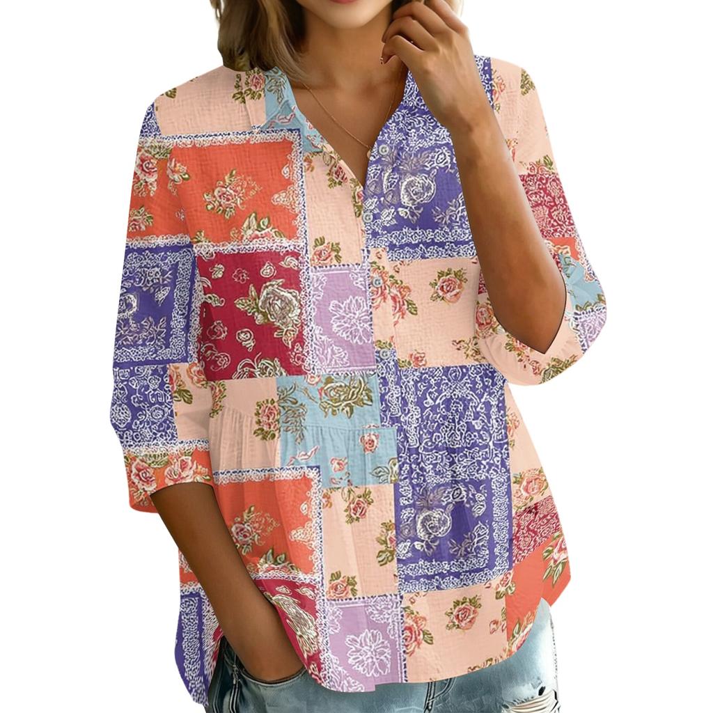Women's Button Front Patchwork Floral Print Shirt Three Quarter Sleeve Loose Fit Blouse with Collar and V Neckline