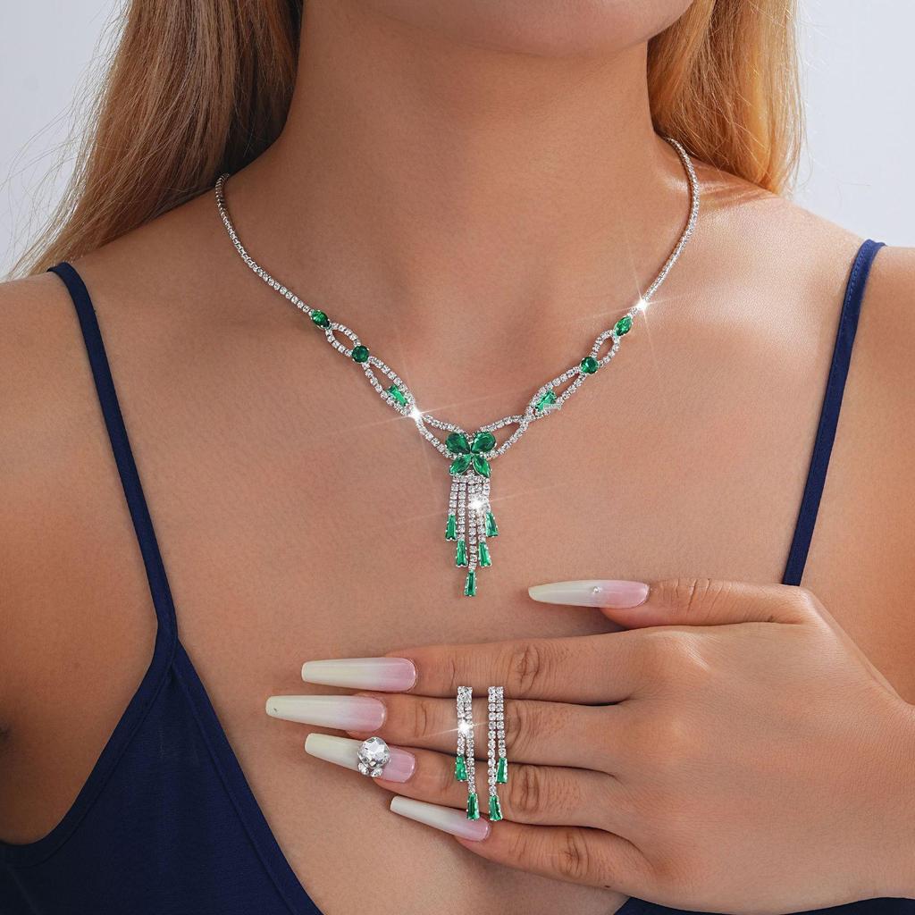 European-American Rhinestone Teardrop Necklace & Earring Set: Korean-Style Bridal Temperament Collarbone Chain Jewelry for Women