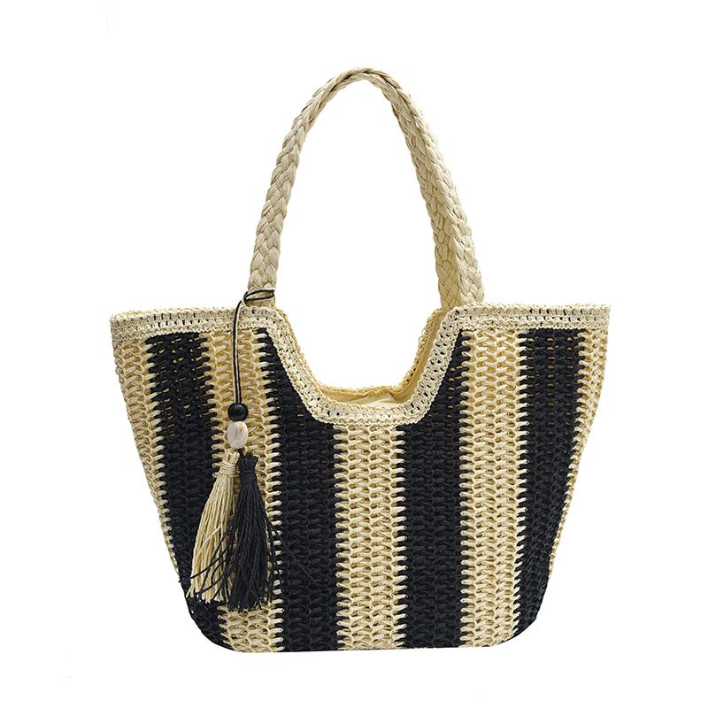 Straw Woven Tote Bag with Vertical Stripe Pattern for Women Beach Vacation Casual Boho Style чёрный