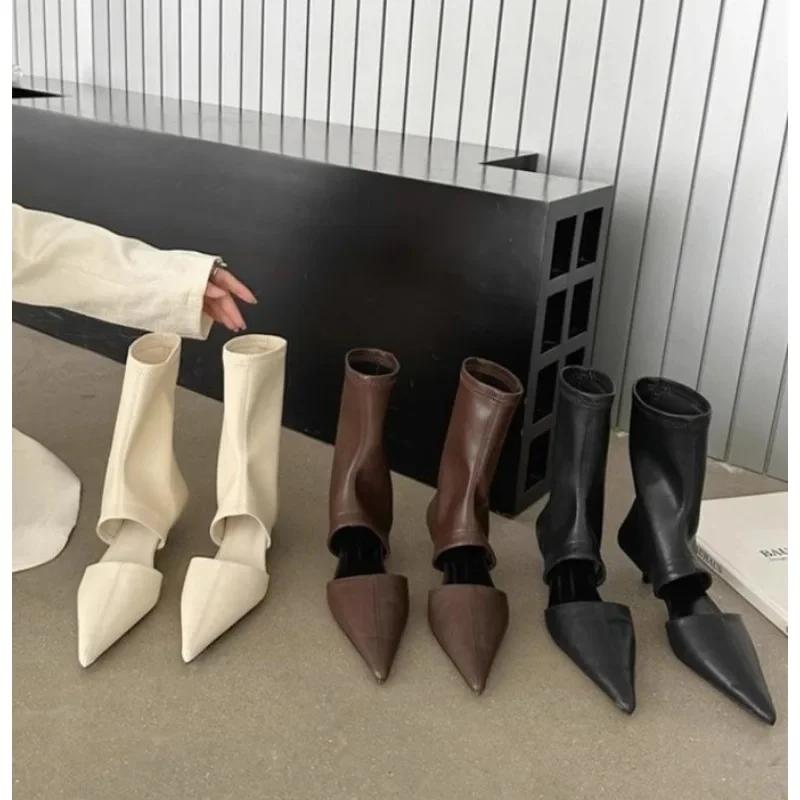 Nové černé špičaté vyřezávané cool boty boty na vysokém podpatku rukáv elastické dámské boty společenské boty jehlové módní boty Mujer