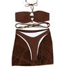 Women's Summer Fashion Sexy Color Backless Lace-up Waist Pleated Knotted Bikini Three-pieces Swimsuit