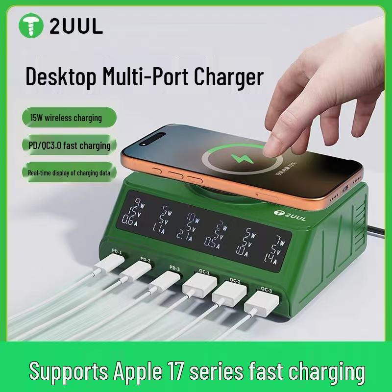 

2UUL Multi-Port Desktop Charger | Fast Charging for Apple iP17, Android | PD3.0 & QC3.0 Supported | Wireless Charging Phone/Tablet зелений