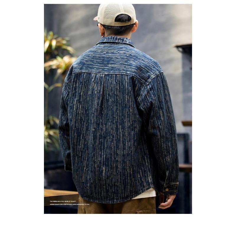 Men's Blue Striped Denim Long Sleeve Shirt Casual Pocket Detail Oversized Streetwear Top