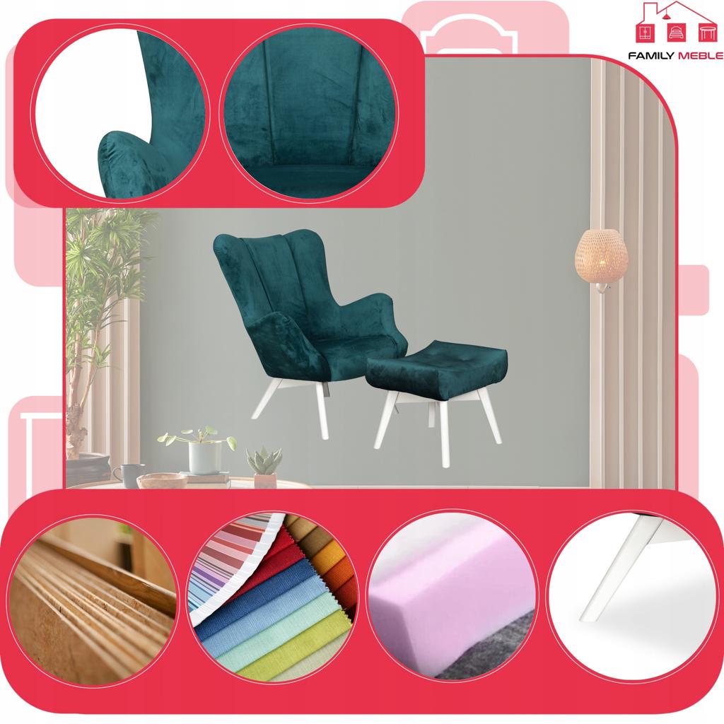 Fotel skandynawski Vika z podnóżkiem pufą profilowany Family Meble turkus