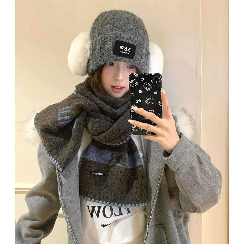 Wool Blend Korean Style Knitted Scarf With Letter Embroidery For Winter Fashion Accessory