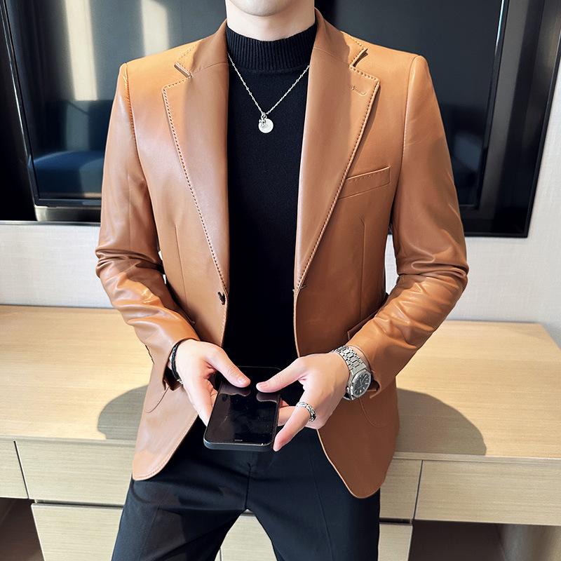 Giacca da Uomo Slim Fit in Pelle Tinta Unita - Abito Trendy Business Casual per Primavera e Autunno (DX02)