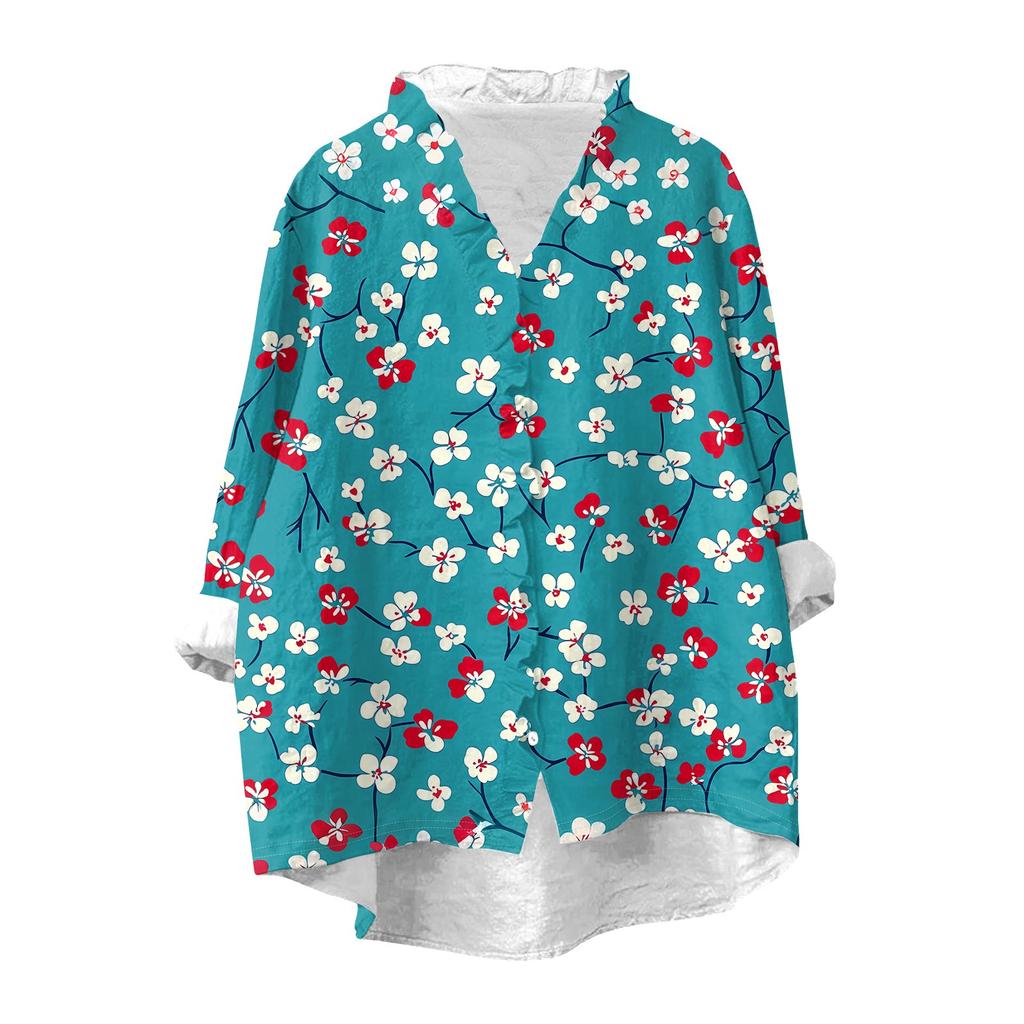 Women's Loose Ruffled Retro Floral Print Stand Collar Long Sleeve Cotton And Linen Top