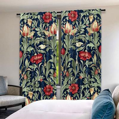 2Pcs Boho Watercolor Floral And Leaves Symmetry Curtain Suitable For Bedroom Kitchen Dining Room Living Room Study Office