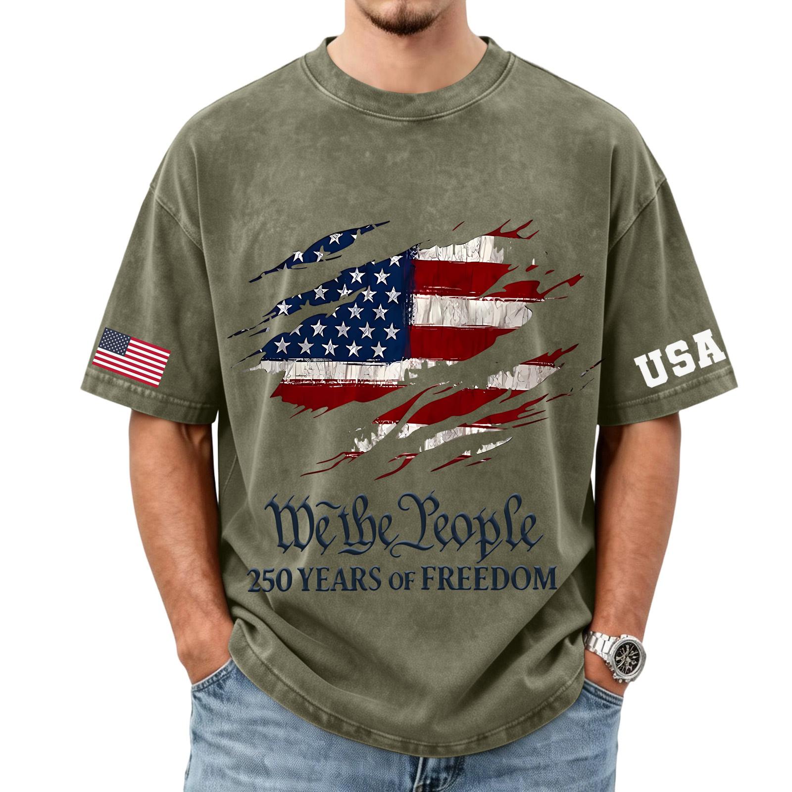 Men s loose and casual flag letter print T-shirt - Men s trendy washed short-sleeved top L
