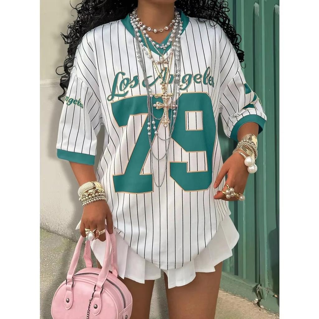 2026 Verano Nuevo Los Ángeles 79 Camiseta Rayada con Estampado Para Mujer Cuello en V Manga Corta Deportiva Camiseta de Fútbol Y2K Holgada Oversized