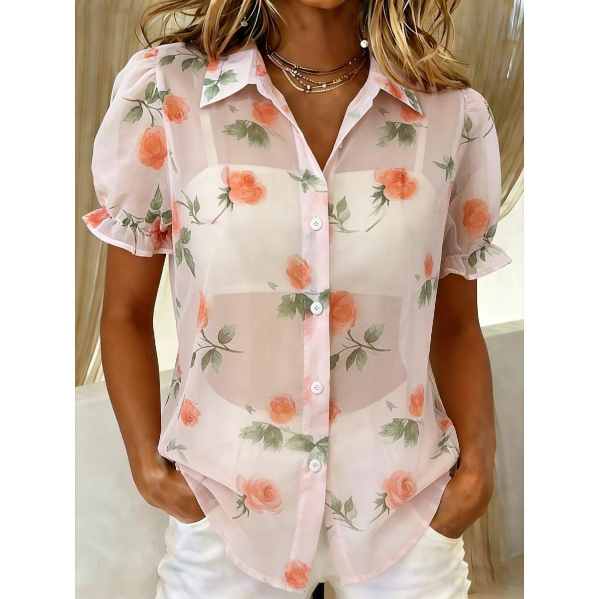 Summer Women s Sheer Shirt Puff Sleeve Rose Print See Through Blouse Top S