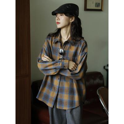 Simple Retro Design Loose Brushed Plaid Shirt Spring and Autumn New Button Fashion Long-sleeved Top
