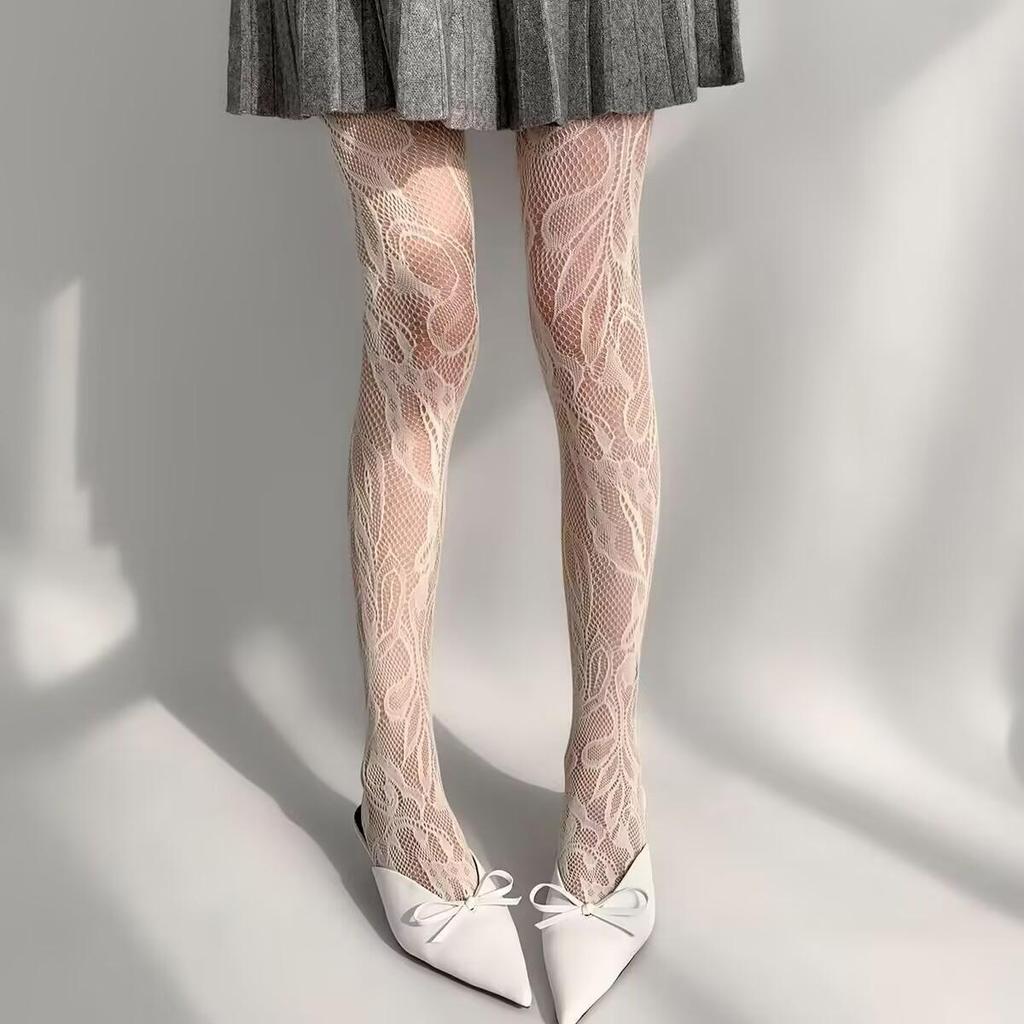 Retro Floral Jacquard Fishnet Stockings, Y2K Black Anti-Snag Stockings for Women