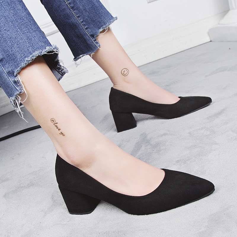 Work Shoes Women's Black Career Interview Work Dress Pointed High Heels Women's Thick Heels Medium Heel Comfortable Single Shoes Women's Shoes