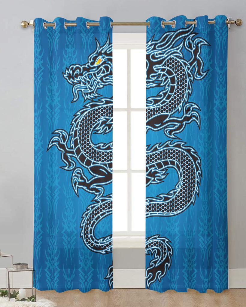 Chinese Style Black Dragon Blue Sheer Curtains for Living Room Decoration Window Curtains Kitchen Tulle Voile Organza Curtains