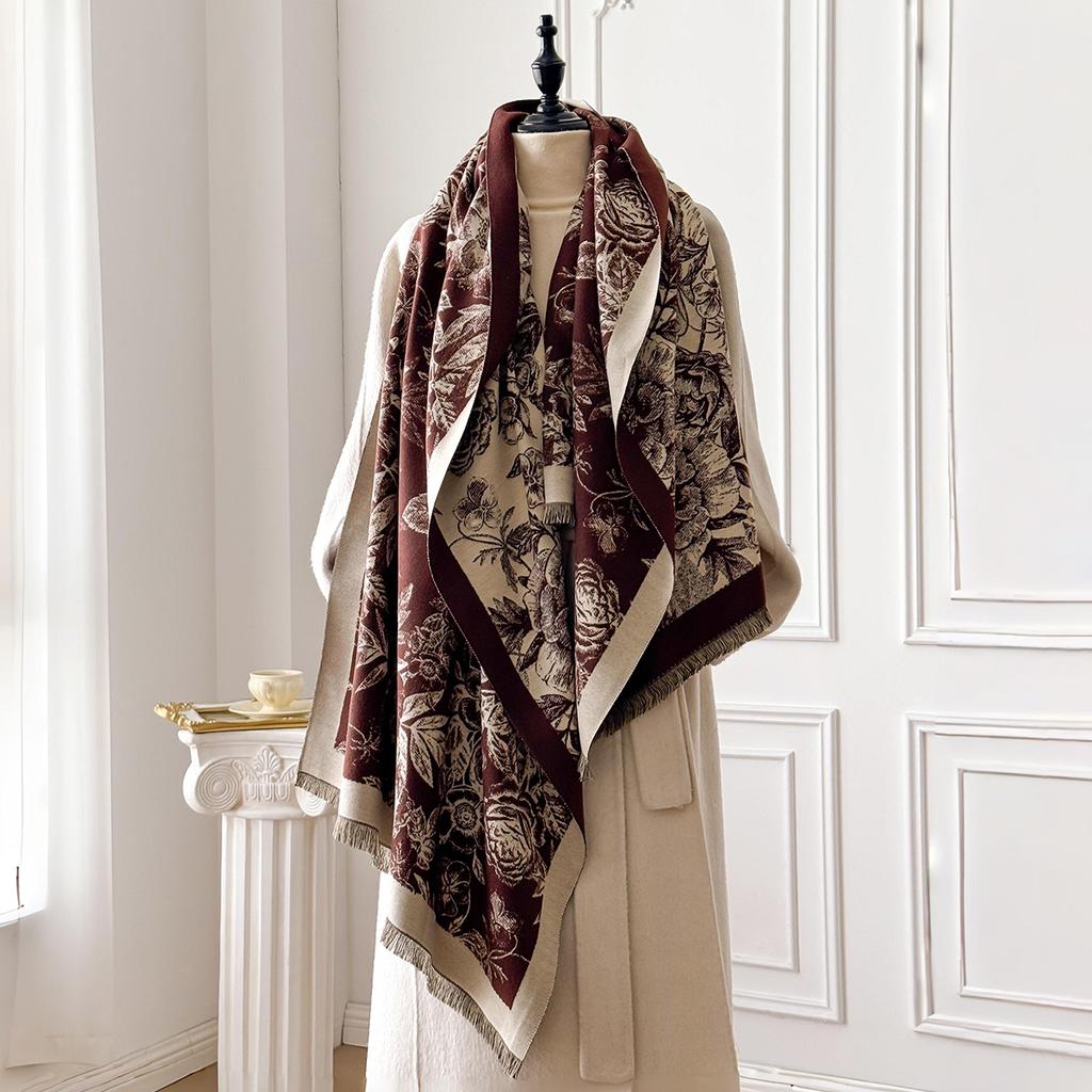 Elegant Floral Jacquard Pashmina Shawl for Women Winter Thick Warm Double Sided Tassel Design Coldproof Windproof Blanket Scarf