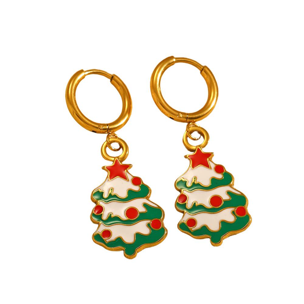 Festive Christmas Earrings: Snowflake, Tree & Santa Claus Stainless Steel Ear Cuffs with Drip Oil