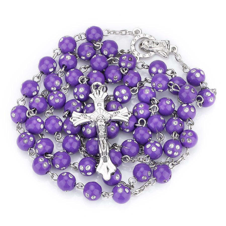 Religion Christian Rosary Necklace For Women Virgin Mary Jesus Cross Pendant 8MM Crystal Beads Long Chain Fashion Prayer Jewelry