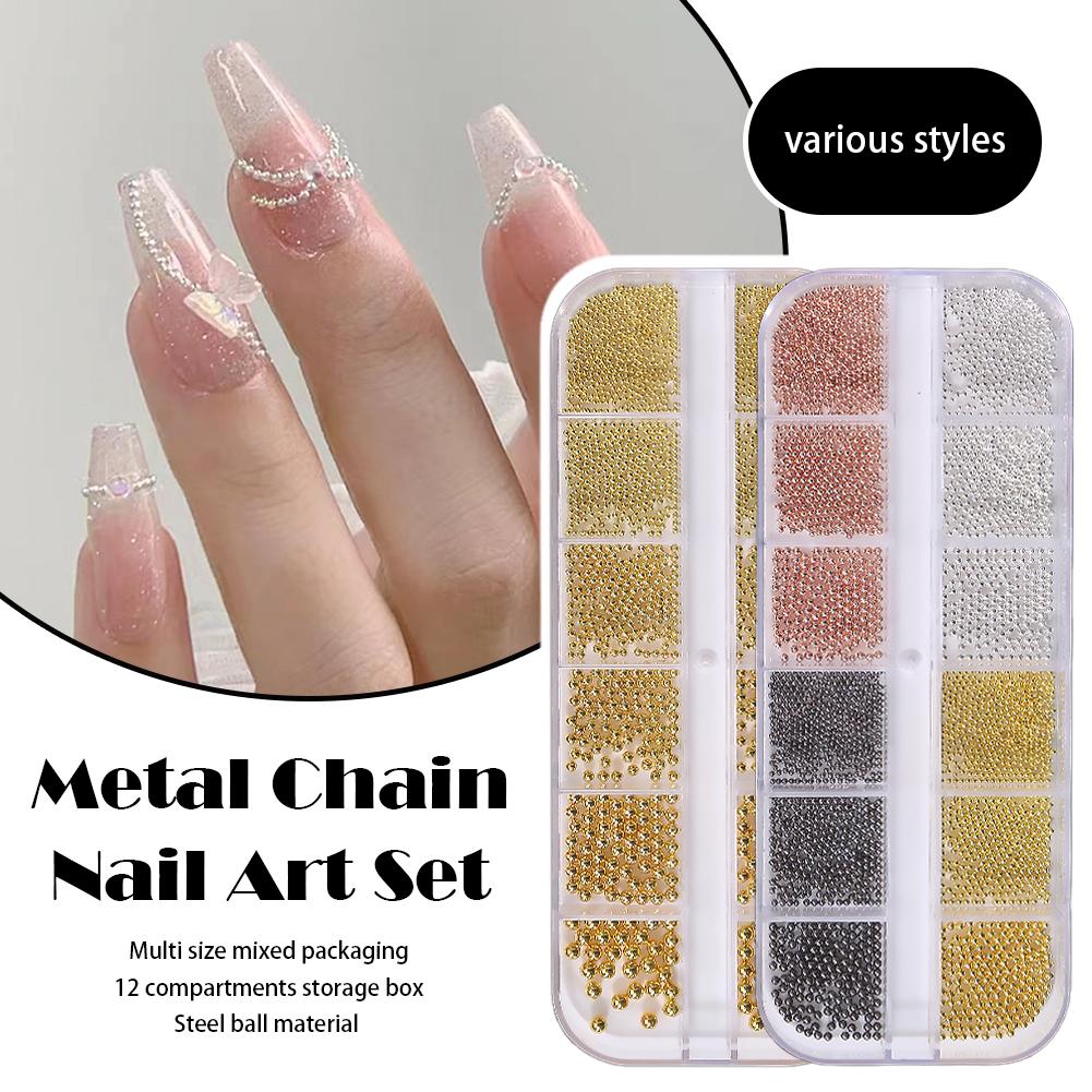 12Grids Mixed Mini Round Beads Nail Art Decor DIY 3D Nail Charms Micro Metal Ball Gold Silver Black Metal Beads for UV Gel Nail