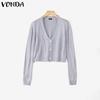 VONDA Autumn Winter Women Long Sleeve Embroidery Casual Short Knitted Sweaters Cardigans
