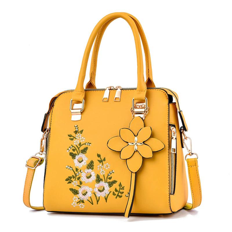 Women Floral Embroidered PU Leather Tote Bag, Luxury Designer Top-Handle Handbag with 3D Flower Charm, Adjustable Crossbody Shoulder Bag