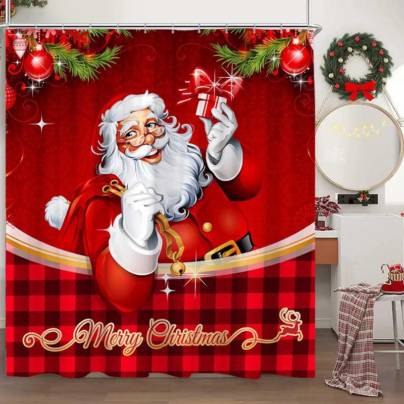 Christmas Shower Curtain Santa Claus Snowman Snowflake Elk Pine Leaf Winter Cartoon Home Polyester Fabric Bathroom Decor Curtain