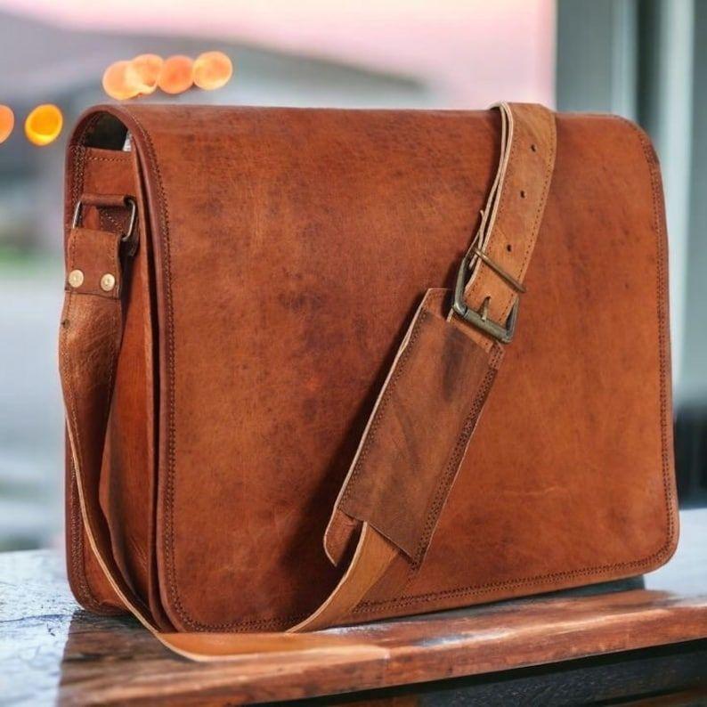 Sacoche pour ordinateur portable faite à la main, Sac messager en cuir pleine fleur, Sac bandoulière en cuir pour ordinateur portable, Sac en cuir véritable marron pour hommes et femmes