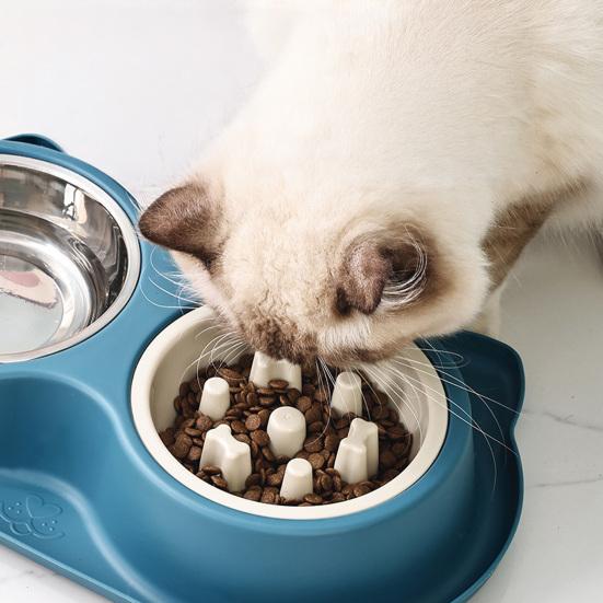 Yousheng Double Bowls Pet Feeder, Slow Feeder Bowl And Stainless Steel Bowl, Spill-Proof Anti-Slip Water And Food Bowl Set for Indoor Cats Dogs