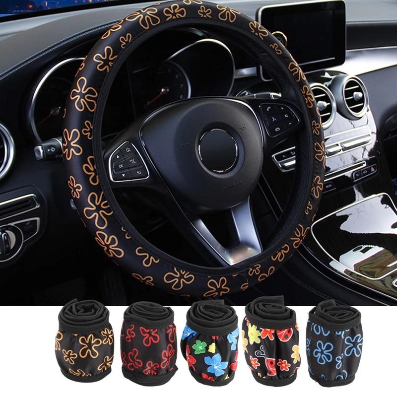 38cm Car Steering Wheel Cover Flowers Print Anti-slip Universal Auto Steering Wheel Protector Interior Accessories