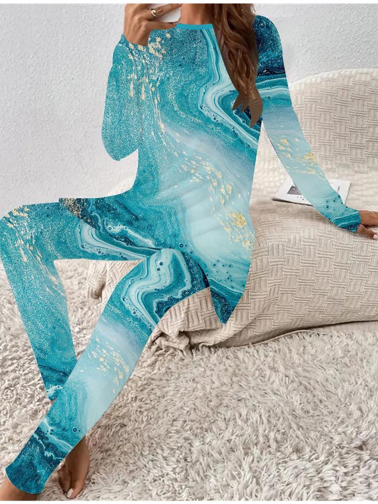 Euro-American Fashion 3D Marbling Printed Women's  Four-season Long-sleeved T-shirt + Long Pants Two-piece Set. Perfect Gift for New Year