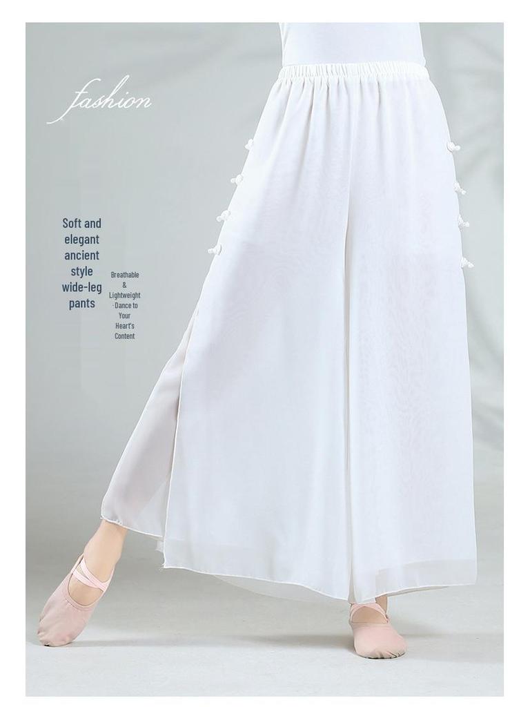 Women's Double Layer White Chiffon Dance Culottes - Wide Leg Flowy Pants for Classical Chinese Dance Practice