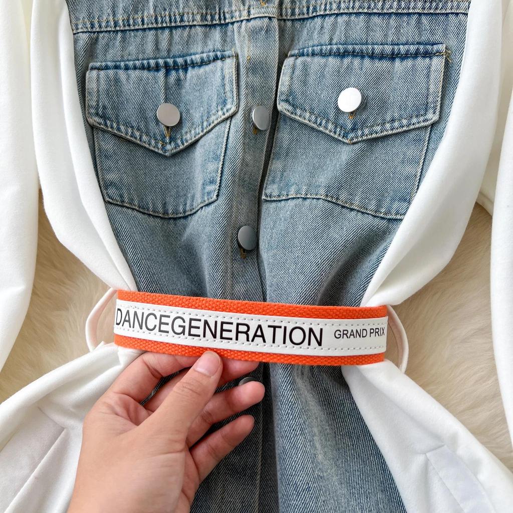Women Denim Long Dress V-Neck Long Sleeve Patchwork Single Breasted Blouse Dresses