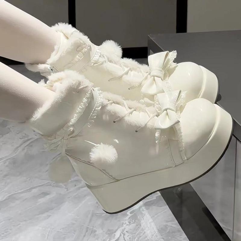 Sladké zimní dámské boty Kožešinové boty s mašlí pro ženu Roztomilé kožené Dívčí Lolita Sněhule Podpatek Zvyšující Teplé boty Botas Mujer