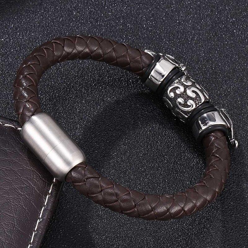 Punk Men Brown Genuine Leather Bracelet Stainless Steel Elephant Beads Rope Bracelets Bangles For Men Bangles