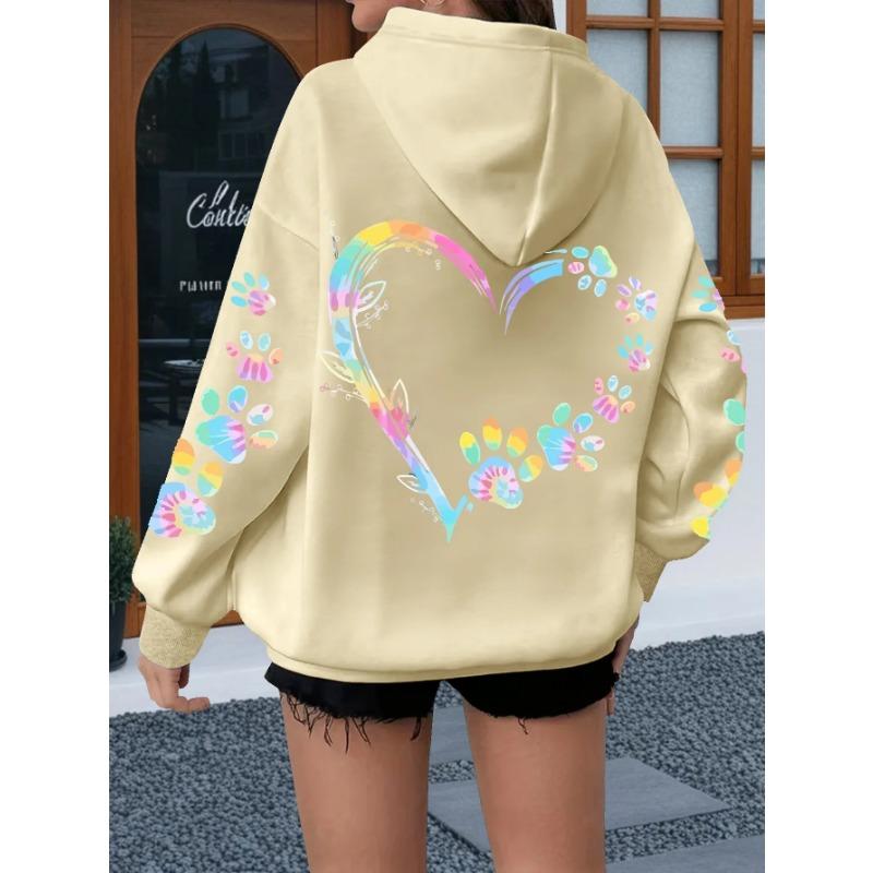 Heart Dog Paw Printed Hoodies Women Casual Fashion All Match Hoody Warm New Pullovers Trend Hooded Sweatshirts