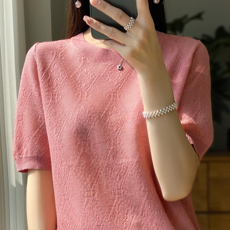 Round Neck Imitation Wool Short-sleeved T-shirt for Women In Summer Thin Loose Knitted Base Shirt Solid Color Half-sleeved Top