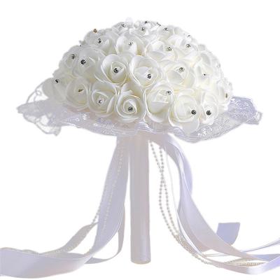 Artificial Foam Bridal Bouquet with Lace Ribbon Beads Handheld Wedding Decoration Faux Flower Arrangement for Ceremony and Home Display