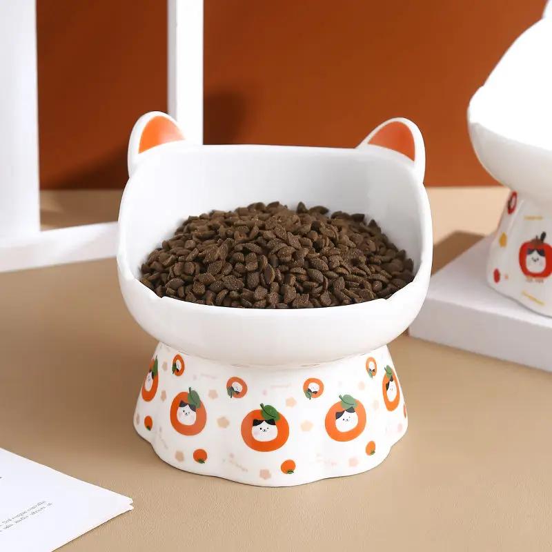 Creative Cartoon Cute Ear Shape Ceramic Drinking Water Eating Food Neck Protection Anti Overturning High Foot Cats Dog Bowl, 1Pc