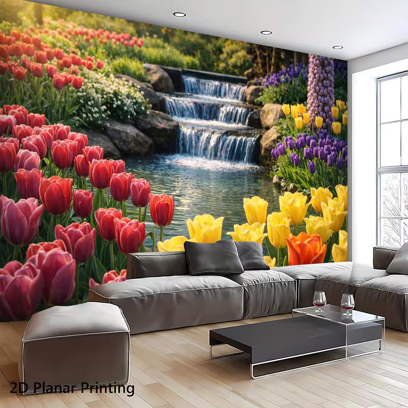 2D Flat Printed Tulip Backdrop, Vibrant Multicolor Tulip Garden with Waterfall Photo Background