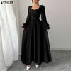 VONDA Elegante Abito Maxi da Donna con Scollo Quadrato, Maniche Lunghe, Allacciatura, Casual, da Festa, con Volant, Svasato