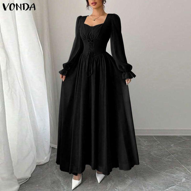 VONDA Elegante Abito Maxi da Donna con Scollo Quadrato, Maniche Lunghe, Allacciatura, Casual, da Festa, con Volant, Svasato