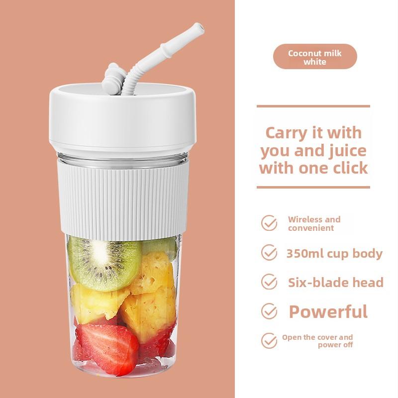 Portable Electric Juicer Cup with Straw – Small USB Rechargeable Fruit Blender for Home & Travel Coconut Milk White