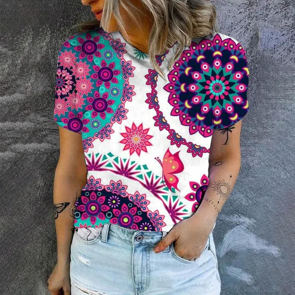 Summer Leisure 3D Print Women's T-shirt Retro Flower Pattern Fashion T-shirt Elegant Women's Short Sleeved