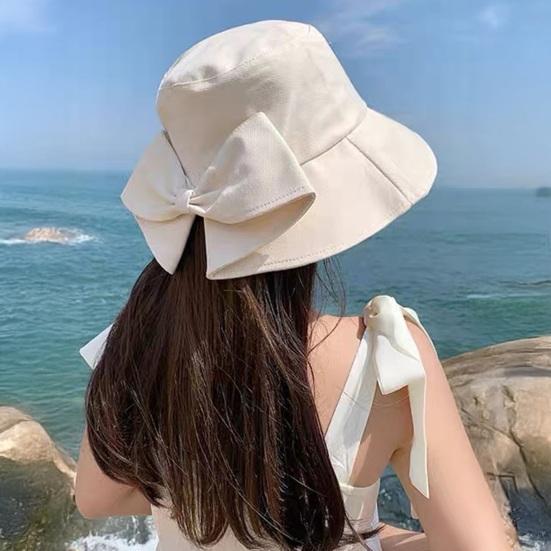 Bucket Hat with Hand-Knotted Bow Decoration Flat Dome Wide Brim Women Fisherman Hat Summer Outdoor Sun Protection Hat
