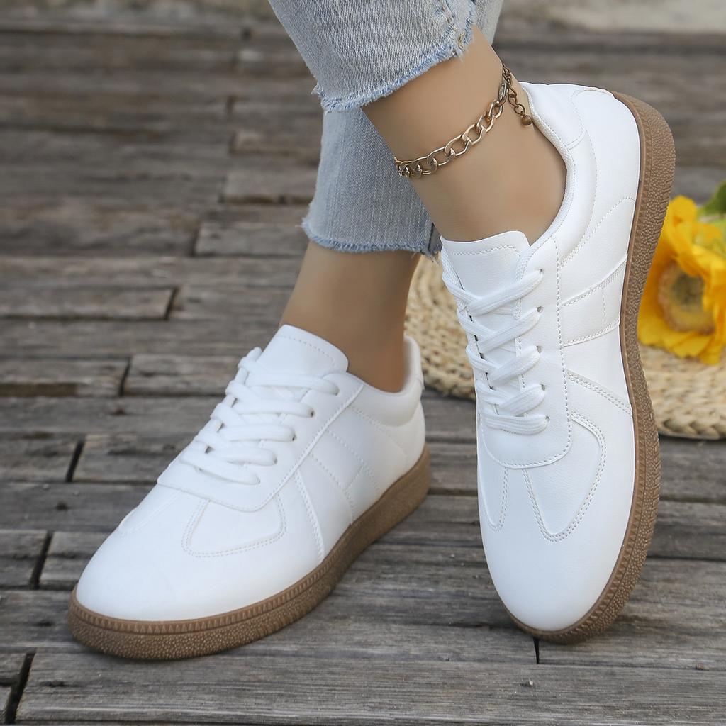 Ladies' Casual White Sports Shoes - Lace Up, Low Cut, Breathable Fabric, Comfortable All Year Round