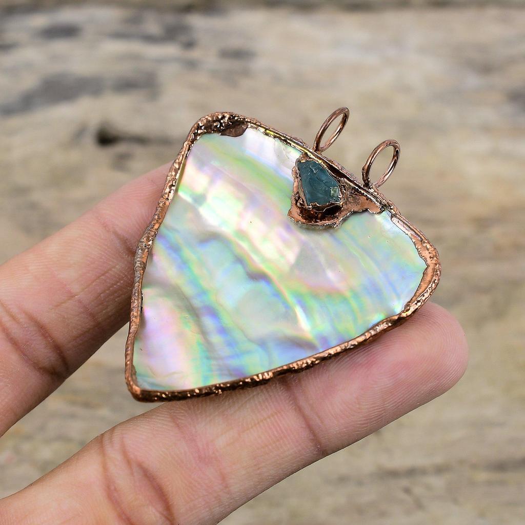 Abalone Shell Rough Pendant Electroformed Copper Gemstone Pendant Handmade Jewelry Aquamarine Rough Pendant Electroformed Jewelry For Gifts