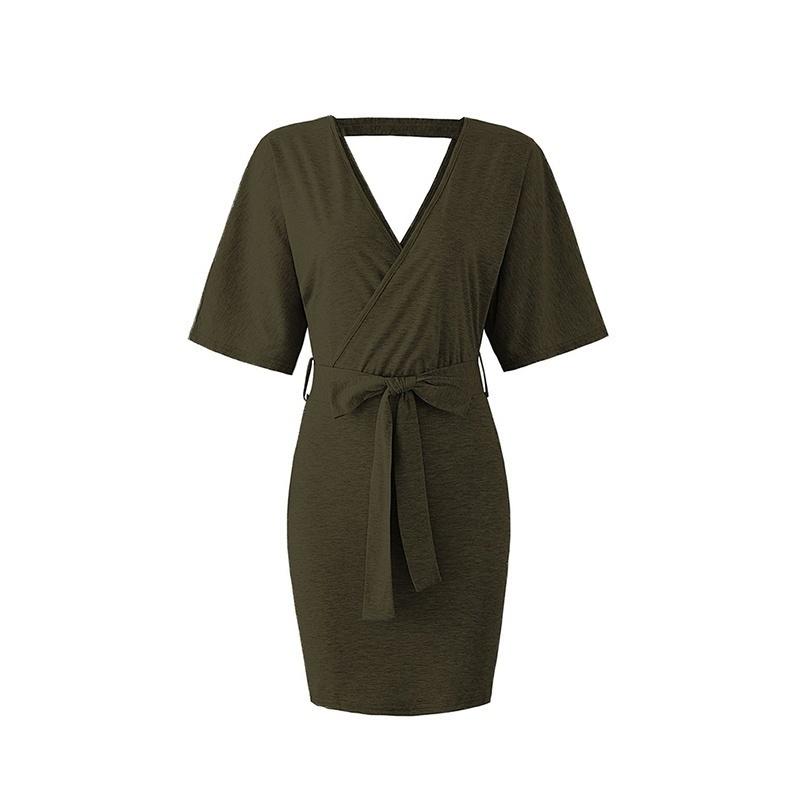 Women Casual V-neck Short Sleeve Wrapped Dress Lace Up Mid-skirt Summer Loose Dress