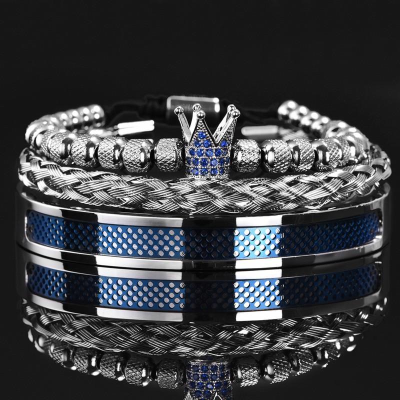 Stainless Steel Mesh Bracelet Set With Blue Zircon Crown Charm Mens Street Style Jewelry Daily Wear Blue Zircon Crown Set